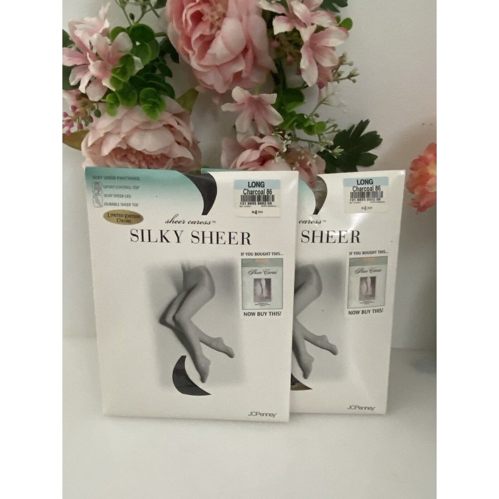 JcPenney Lot of 2 Sheer Caress Silky Sheer Long Charcoal 86‎ New Control Top Vtg